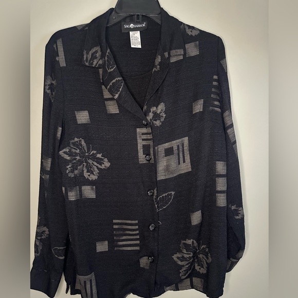 Sag Harbor Black Long sleeve Button Up Leaf Blouse w/built in tank size 14 - Picture 4 of 11